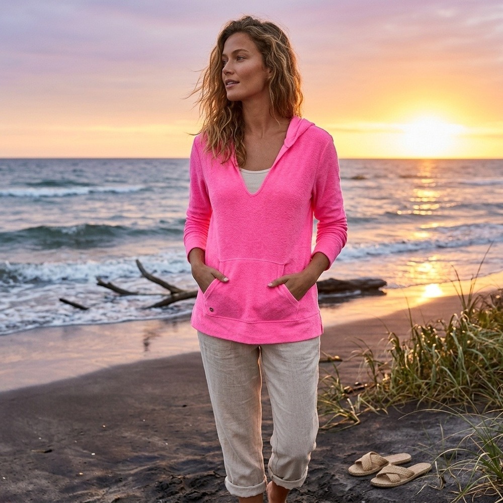 Lilly Pulitzer Neon Pink Terry Cloth Hoodie V-Neck Beach Coverup Small